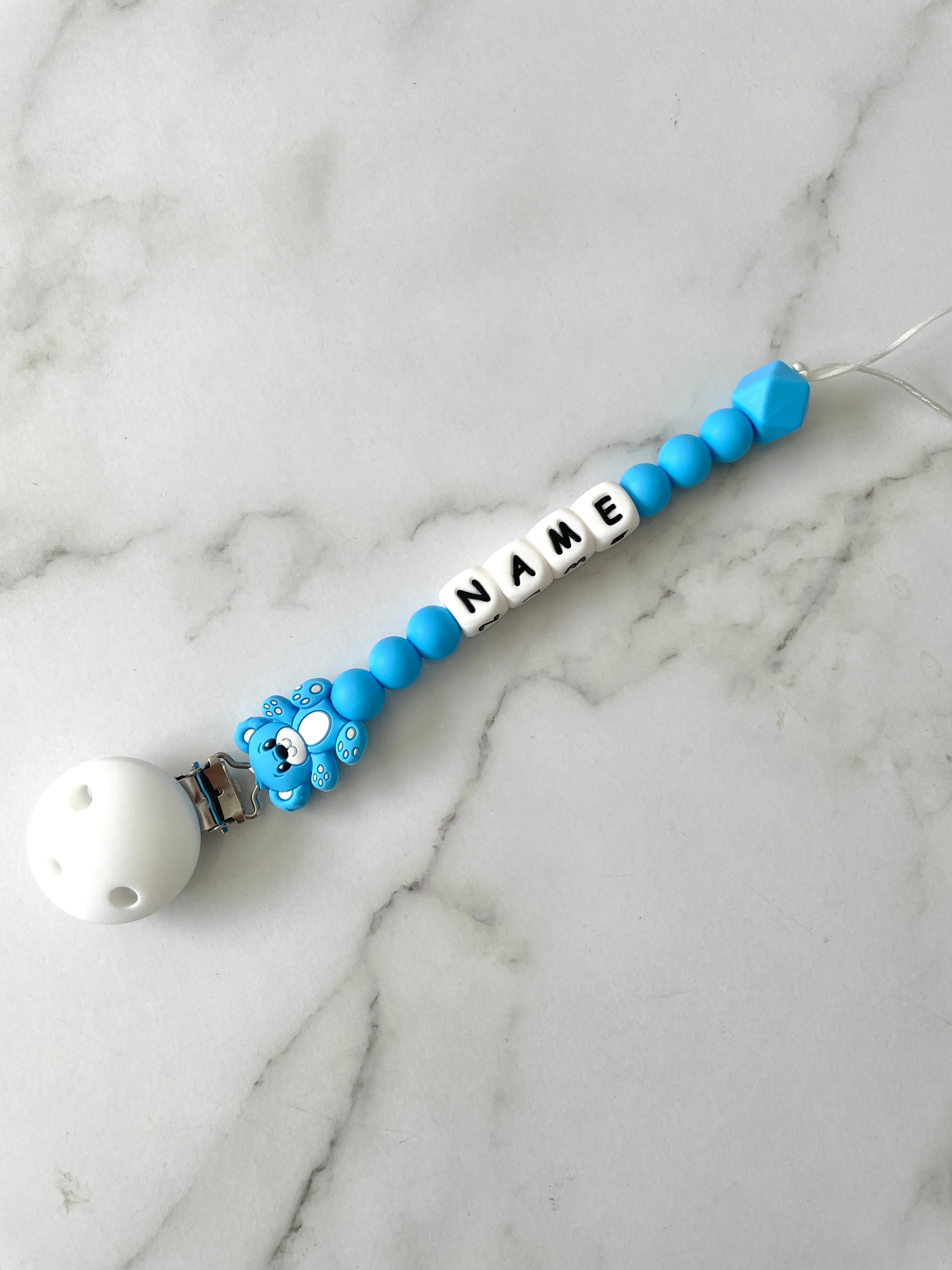 Personalised dummy chain, dummy clip, dummy holder, teddy - sky blue,
