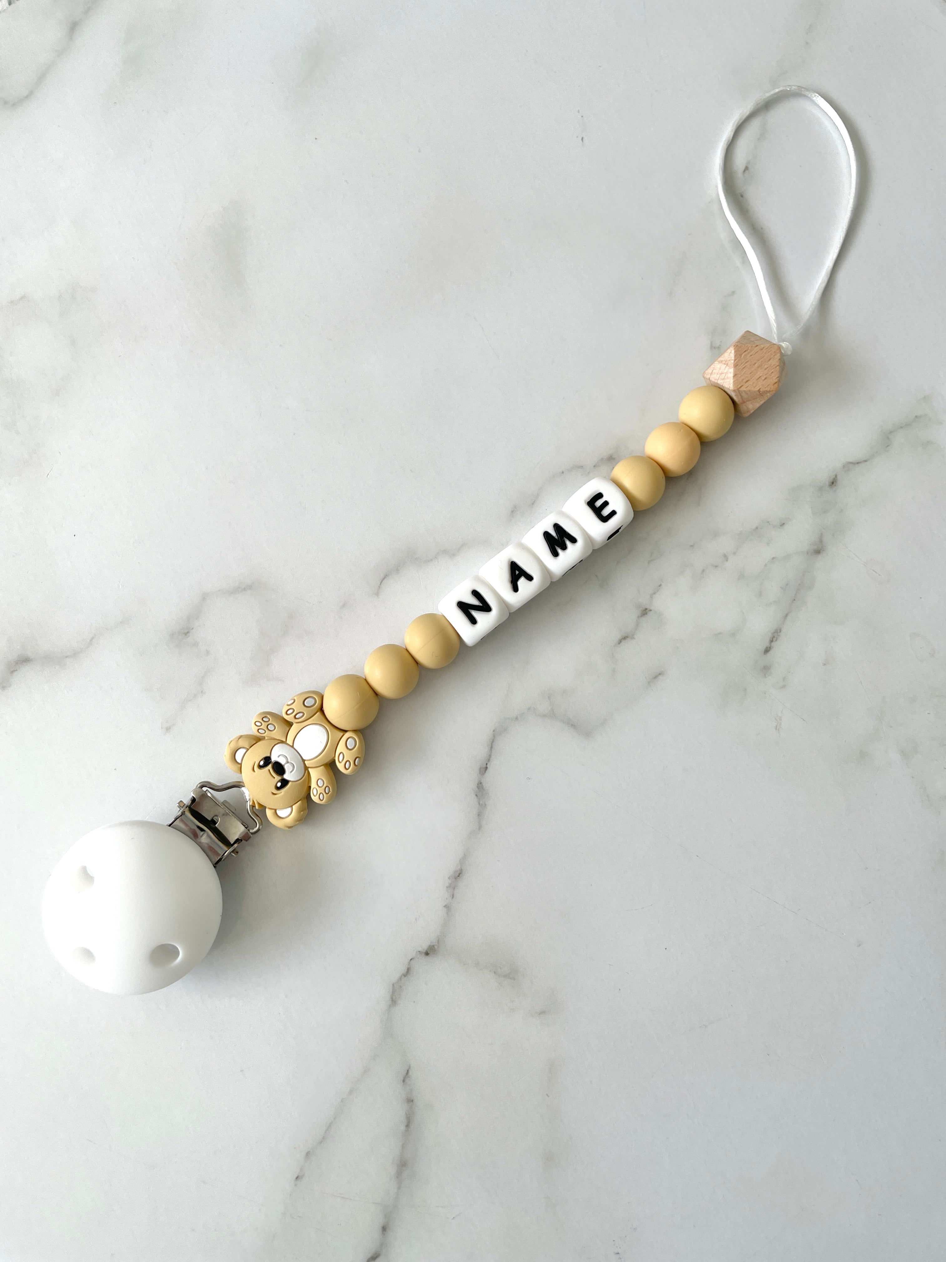 Personalised dummy chain, dummy clip, dummy holder, teddy - brown.