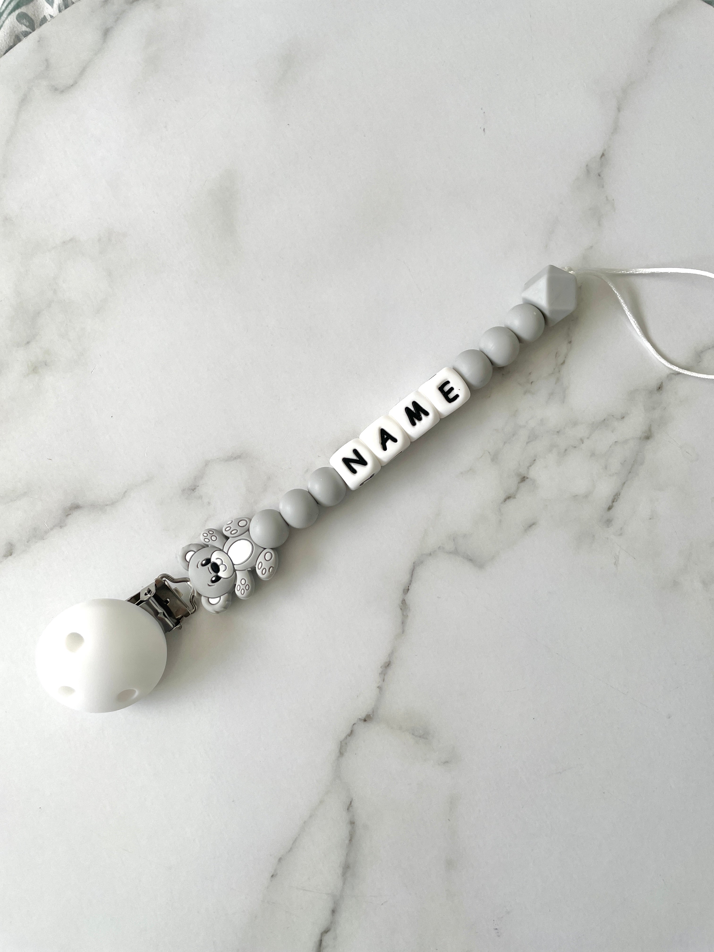 Personalised dummy chain, dummy clip, dummy holder, teddy - grey.