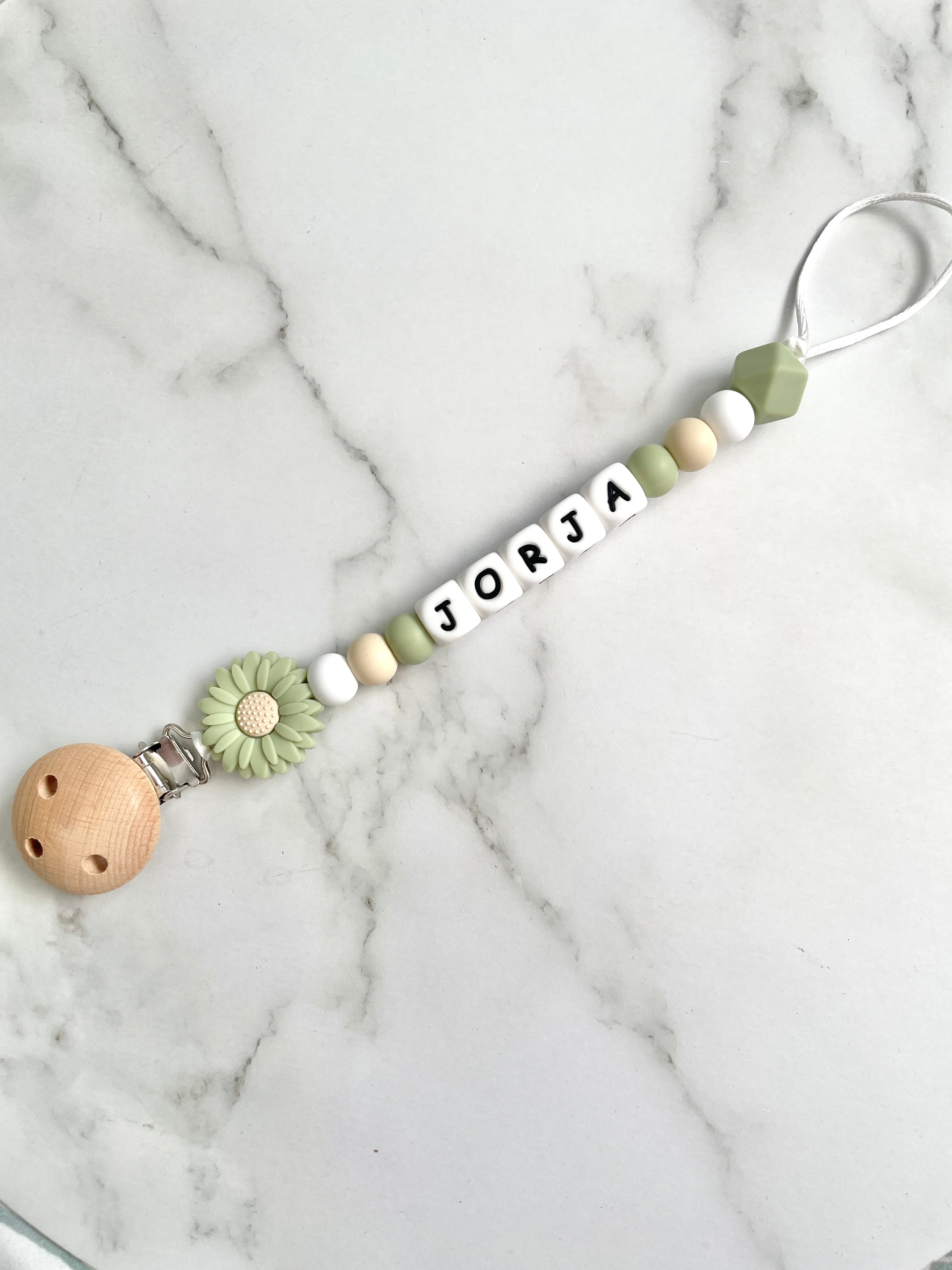 Personalised dummy chain, dummy clip, dummy holder, sage daisy, Jorja design.