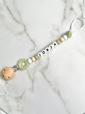 Personalised dummy chain, dummy clip, dummy holder, sage daisy, Jorja design.