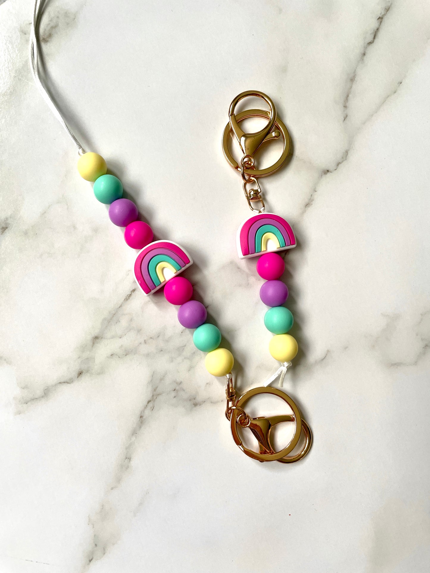 rainbow lanyard and keychain set pink/green