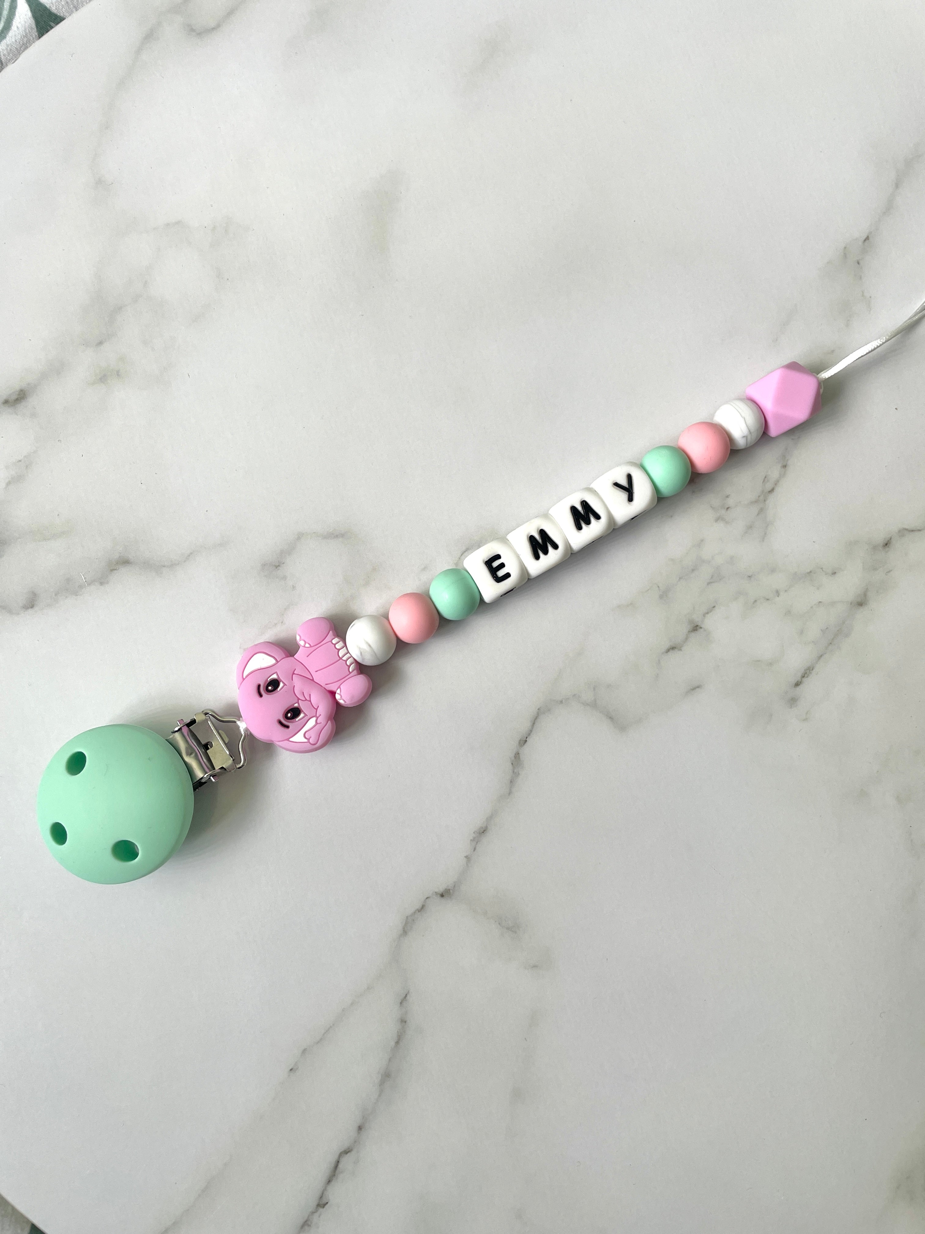 Personalised dummy chain, dummy clip, dummy holder, pink elephant Emmy design.
