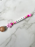 Personalised dummy chain, dummy clip, dummy holder, pink elephant Rylee design.