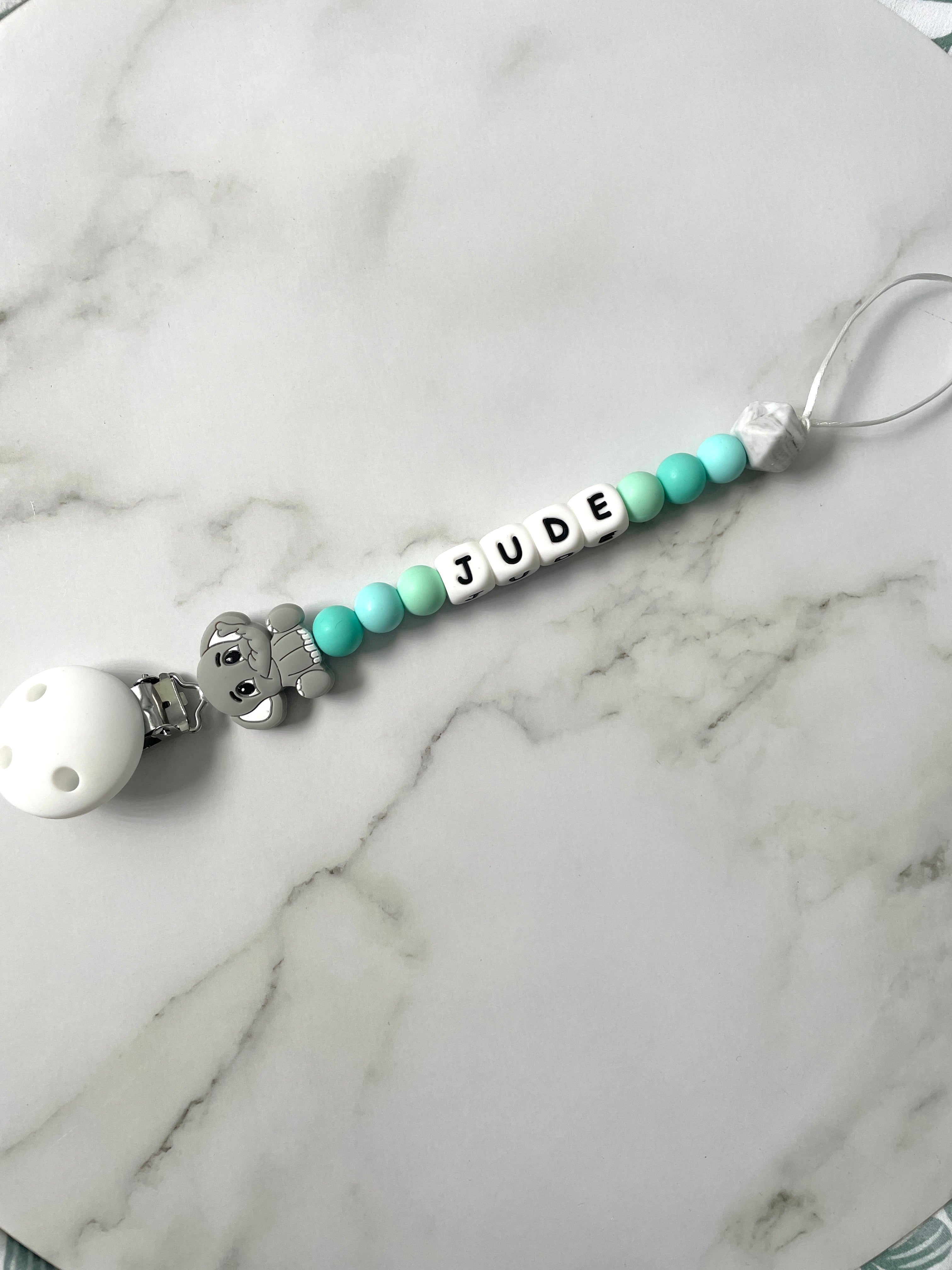 Personalised dummy chain, dummy clip, dummy holder, blue grey elephant, Jude design.