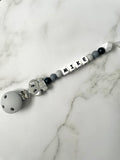 Personalised dummy chain, dummy clip, dummy holder, blue grey elephant, Mike design.
