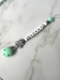 persoPersonalised dummy chain, dummy clip, dummy holder, blue grey elephant, Sonny design.