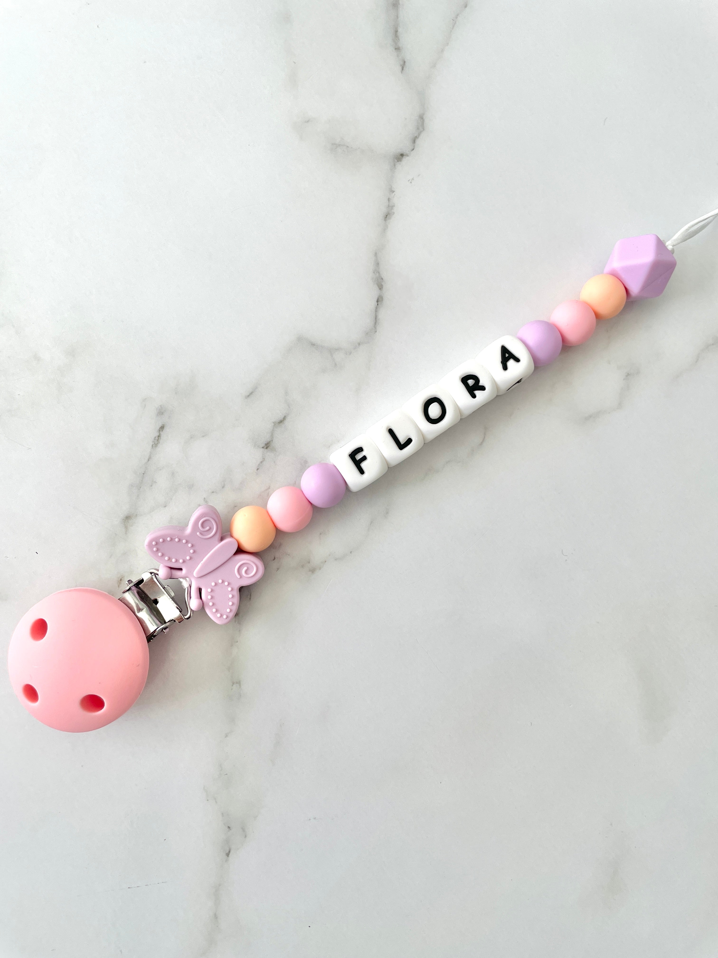 Personalised dummy chain, dummy clip, dummy holder, butterfly, Flora design.