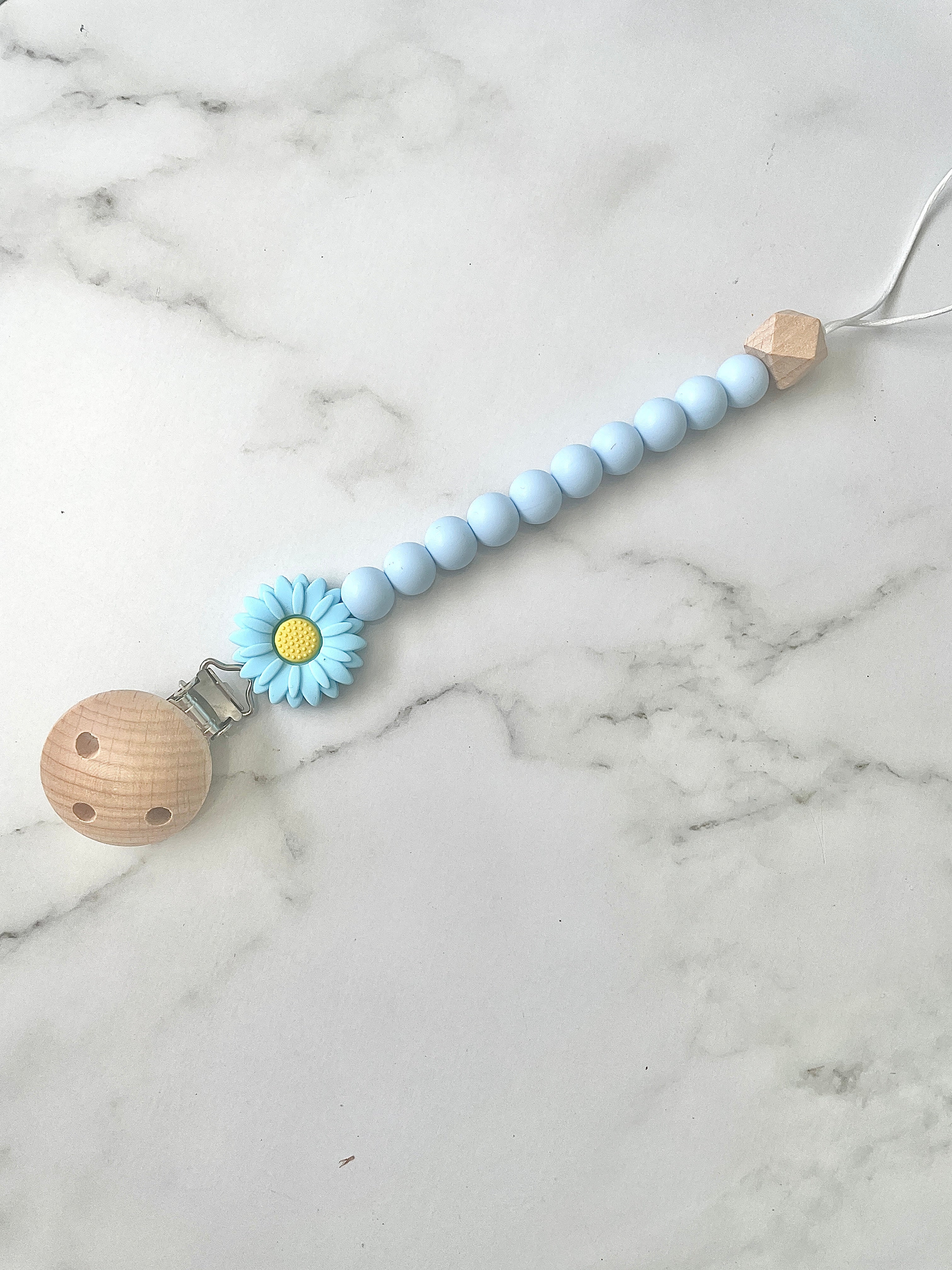Dummy Chain, beaded dummy Clip, Dummy Holder, blue flower.