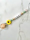 Personalised dummy chain, dummy clip, dummy holder, sunflower - Lucy