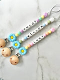 Personalised dummy chain, dummy clip, dummy holder, blue daisy collection.