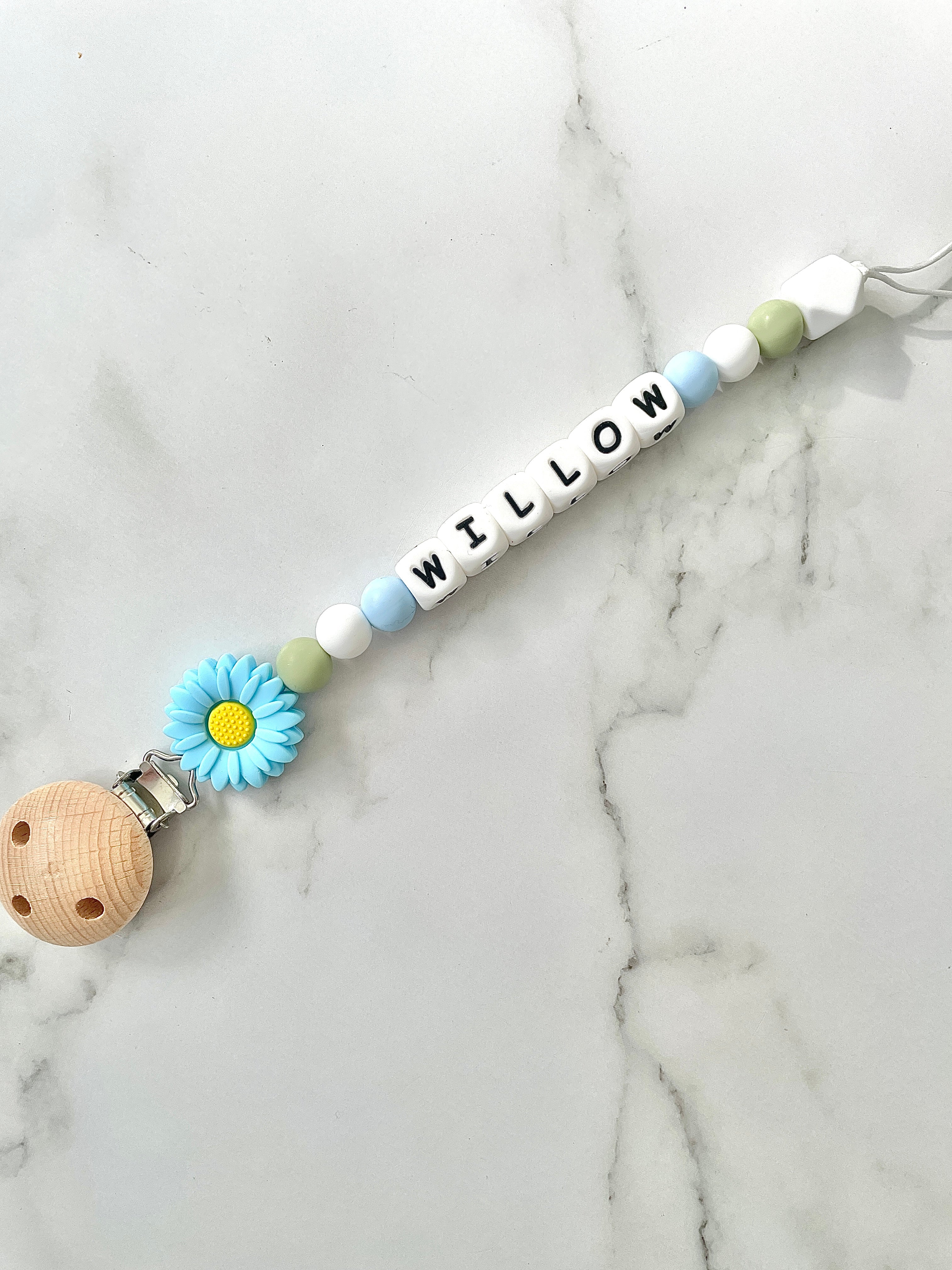 Personalised dummy chain, dummy clip, dummy holder, blue daisy - Willow