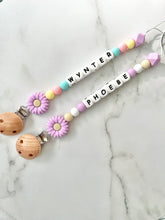 Personalised dummy chain, dummy clip, dummy holder, purple daisy collection.