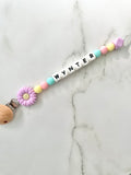 Personalised dummy chain, dummy clip, dummy holder, purple daisy, Wynter design