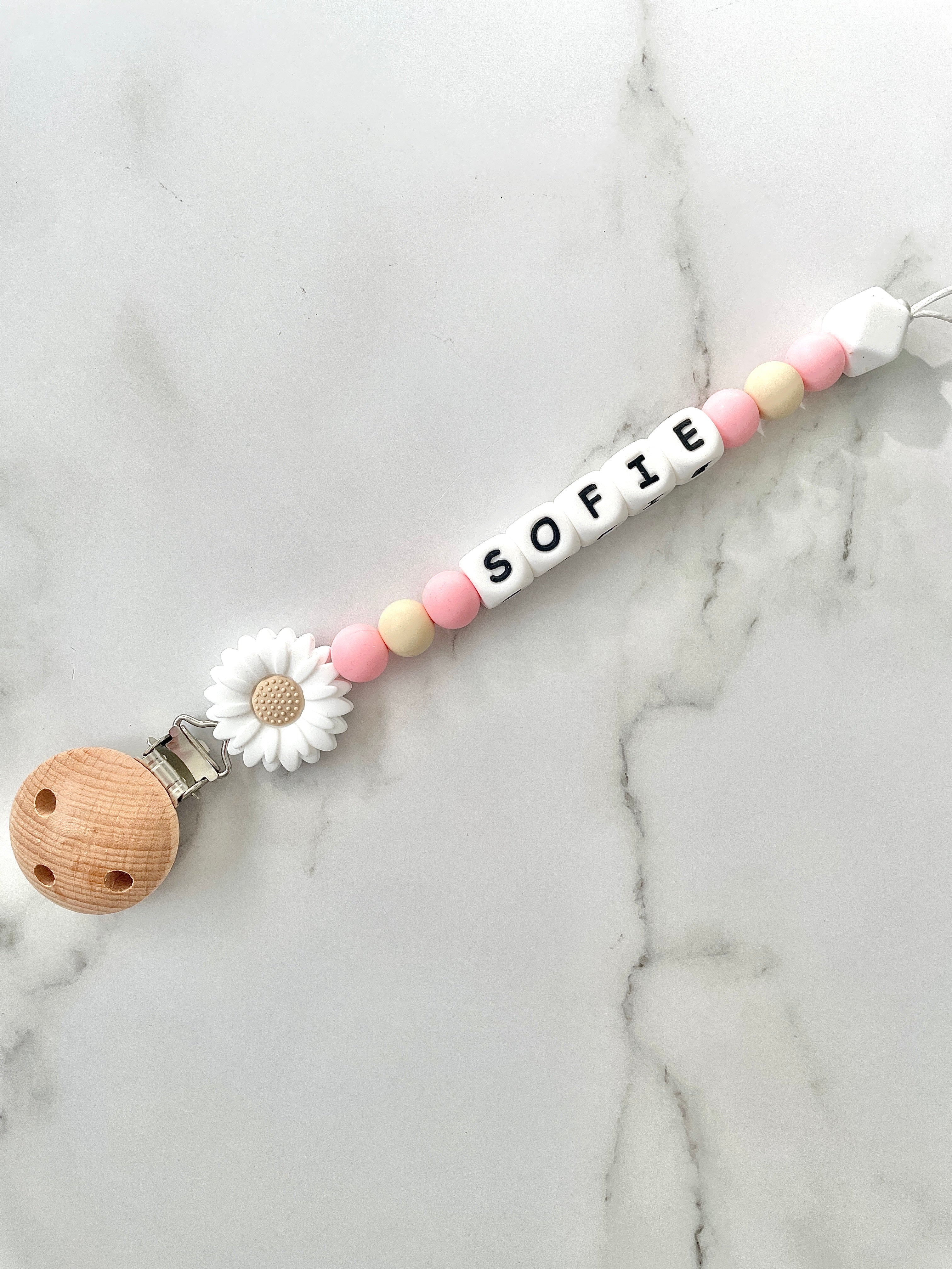 Personalised dummy chain, dummy clip, dummy holder, white daisy, Sofie design.