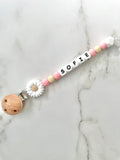 Personalised dummy chain, dummy clip, dummy holder, white daisy, Sofie design.