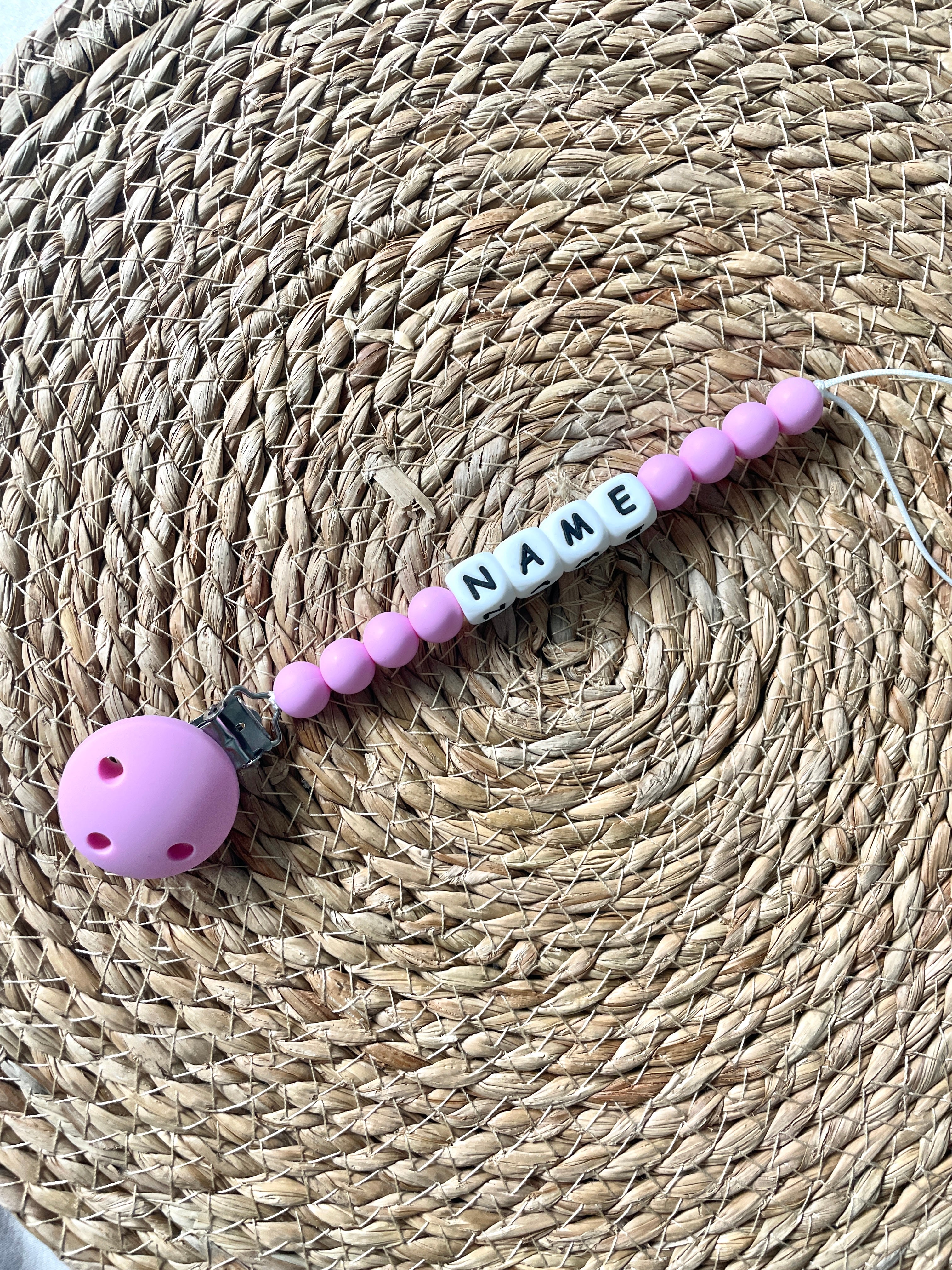 Personalised dummy chain, silicone beaded dummy clip, dummy holder - Magenta.