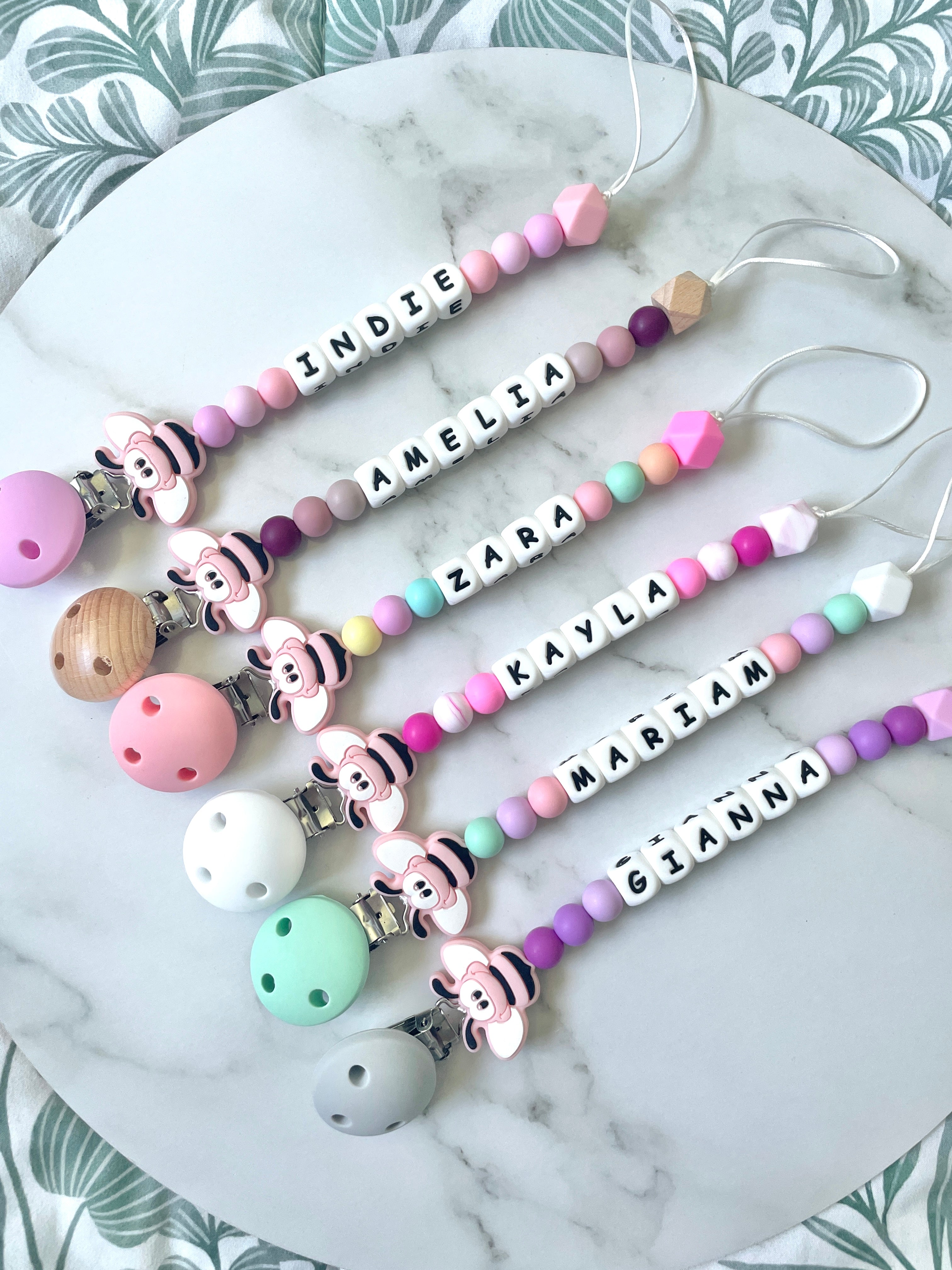 Personalised dummy chain, dummy clip, dummy holder, pink bee.