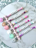 Personalised dummy chain, dummy clip, dummy holder, pink bee.