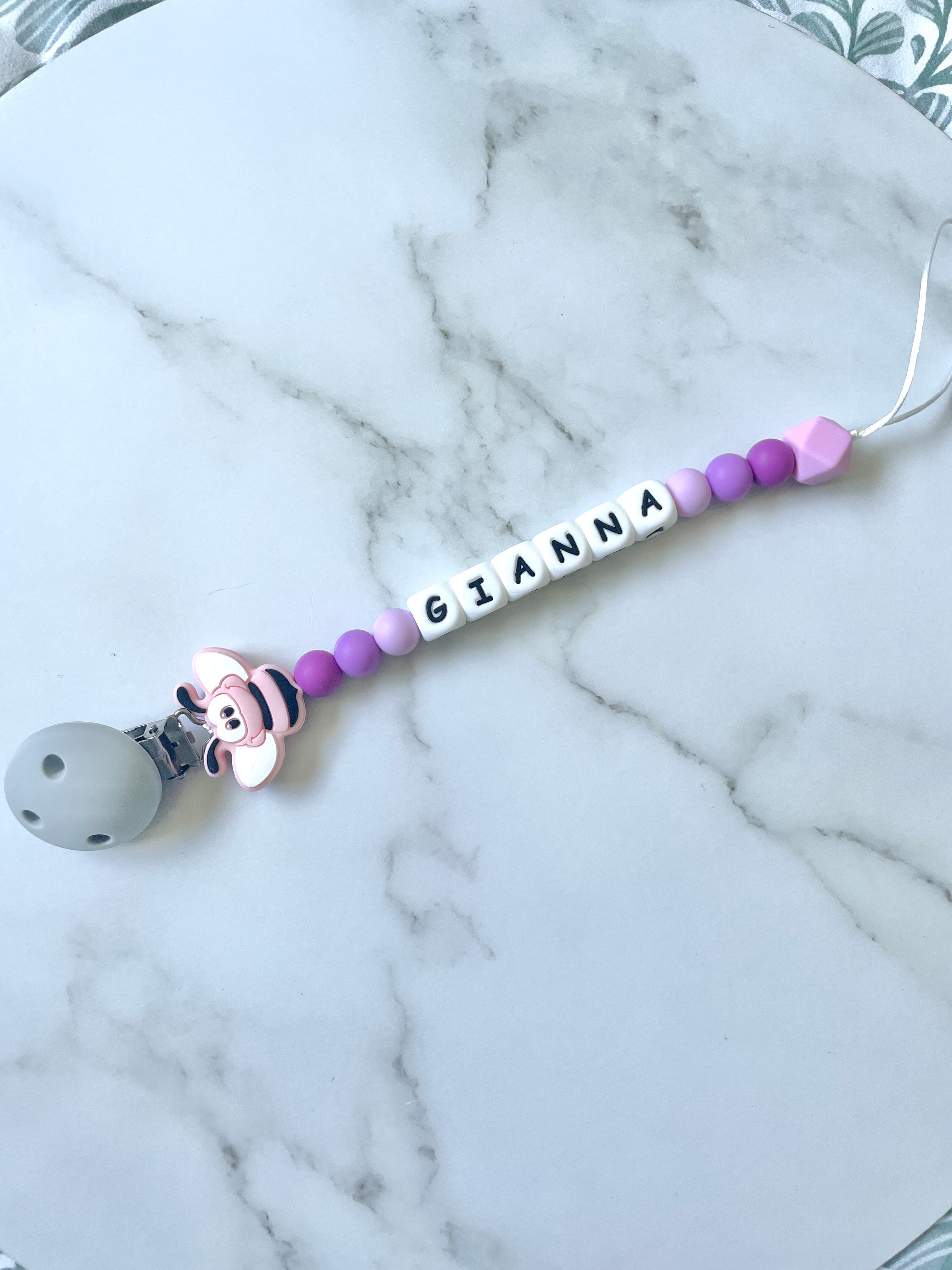 Personalised dummy chain, dummy clip, dummy holder, pink bee, Gianna design.