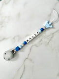 Personalised dummy chain, dummy clip, dummy holder, blue crown, Malik design.