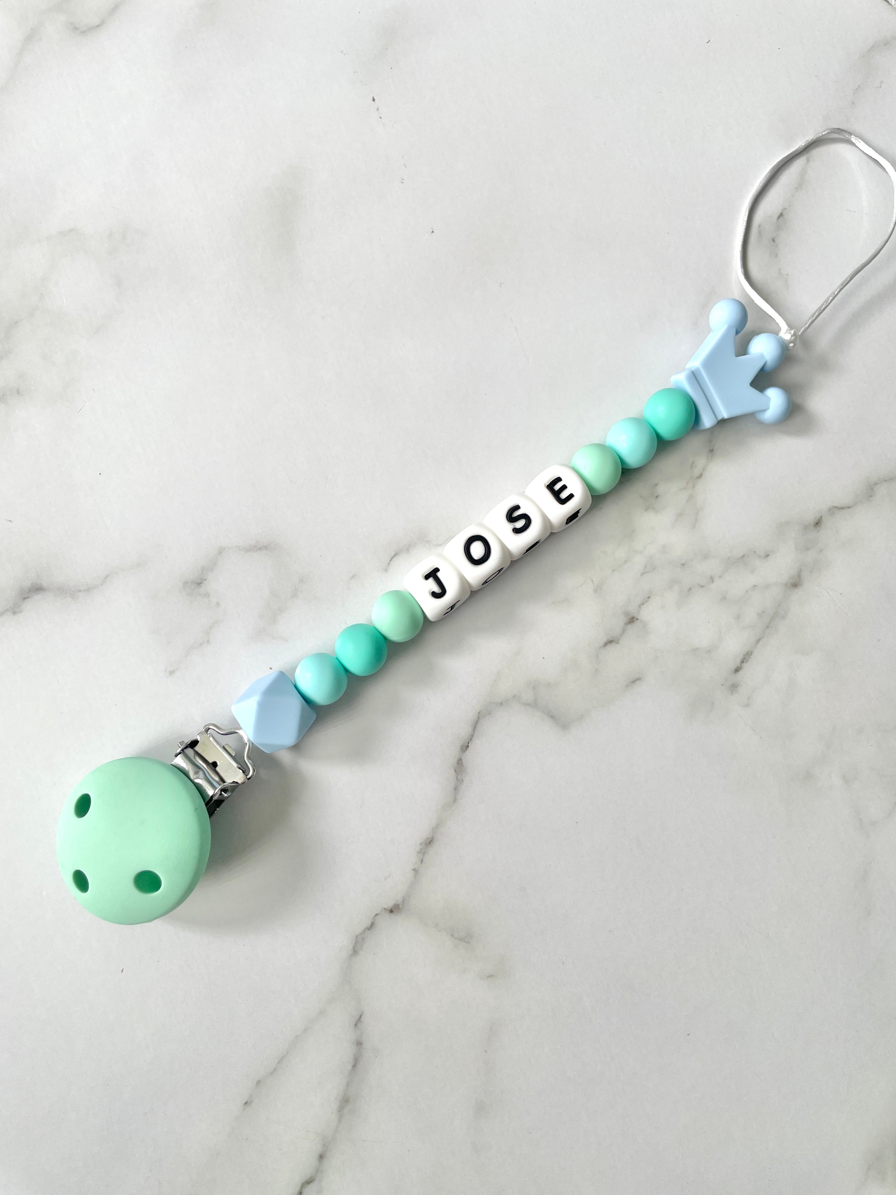 Personalised dummy chain, dummy clip, dummy holder, blue crown, Jose design.