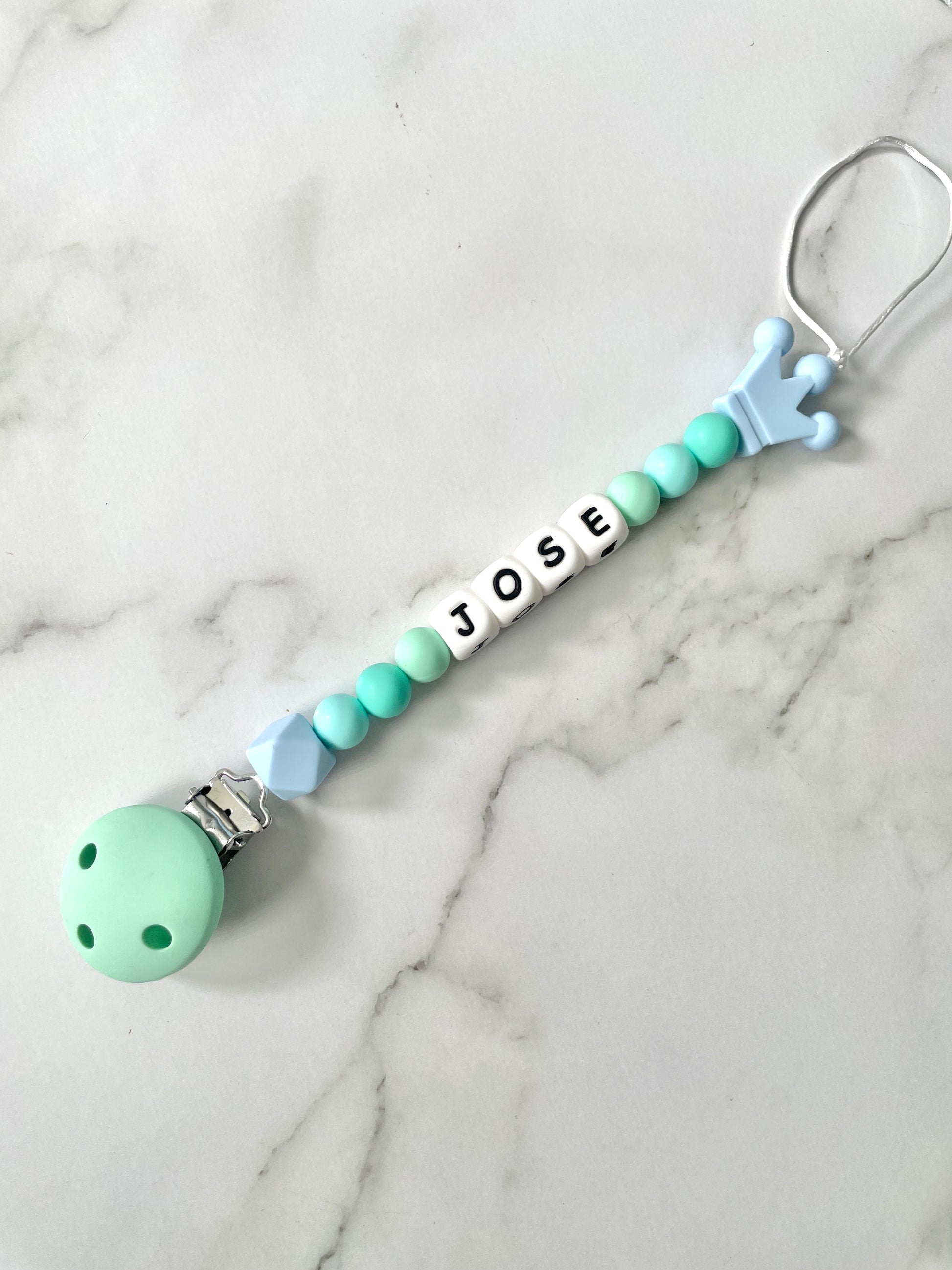Personalised dummy chain, dummy clip, dummy holder, blue crown, Jose design.