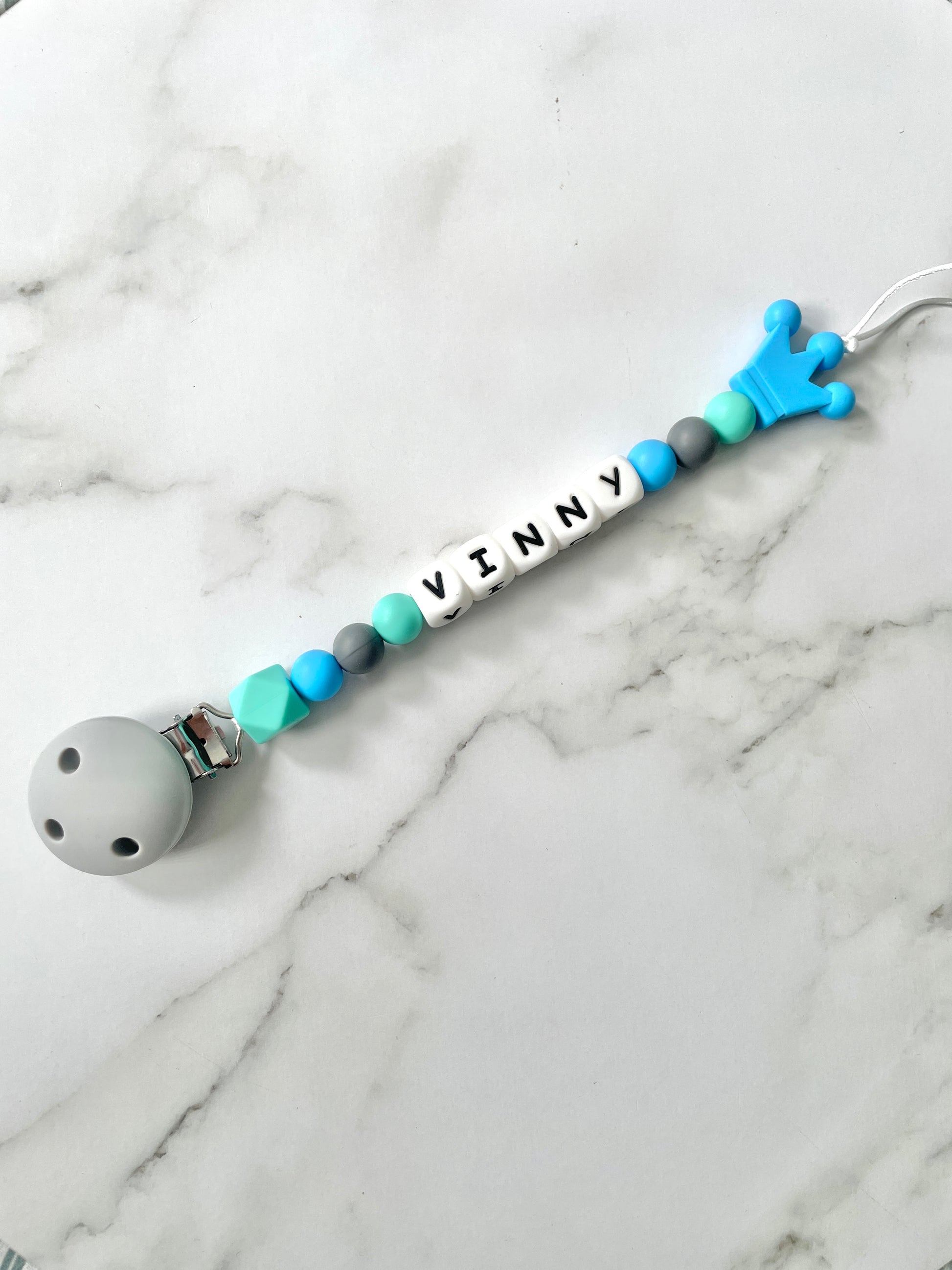 Personalised dummy chain, dummy clip, dummy holder, blue crown, Vinny design.