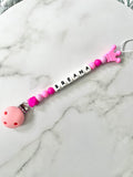 Personalised dummy chain, dummy clip, dummy holder, pink crown, Breana design.