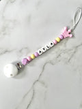 Personalised dummy chain, dummy clip, dummy holder, pink crown, Ayla design.