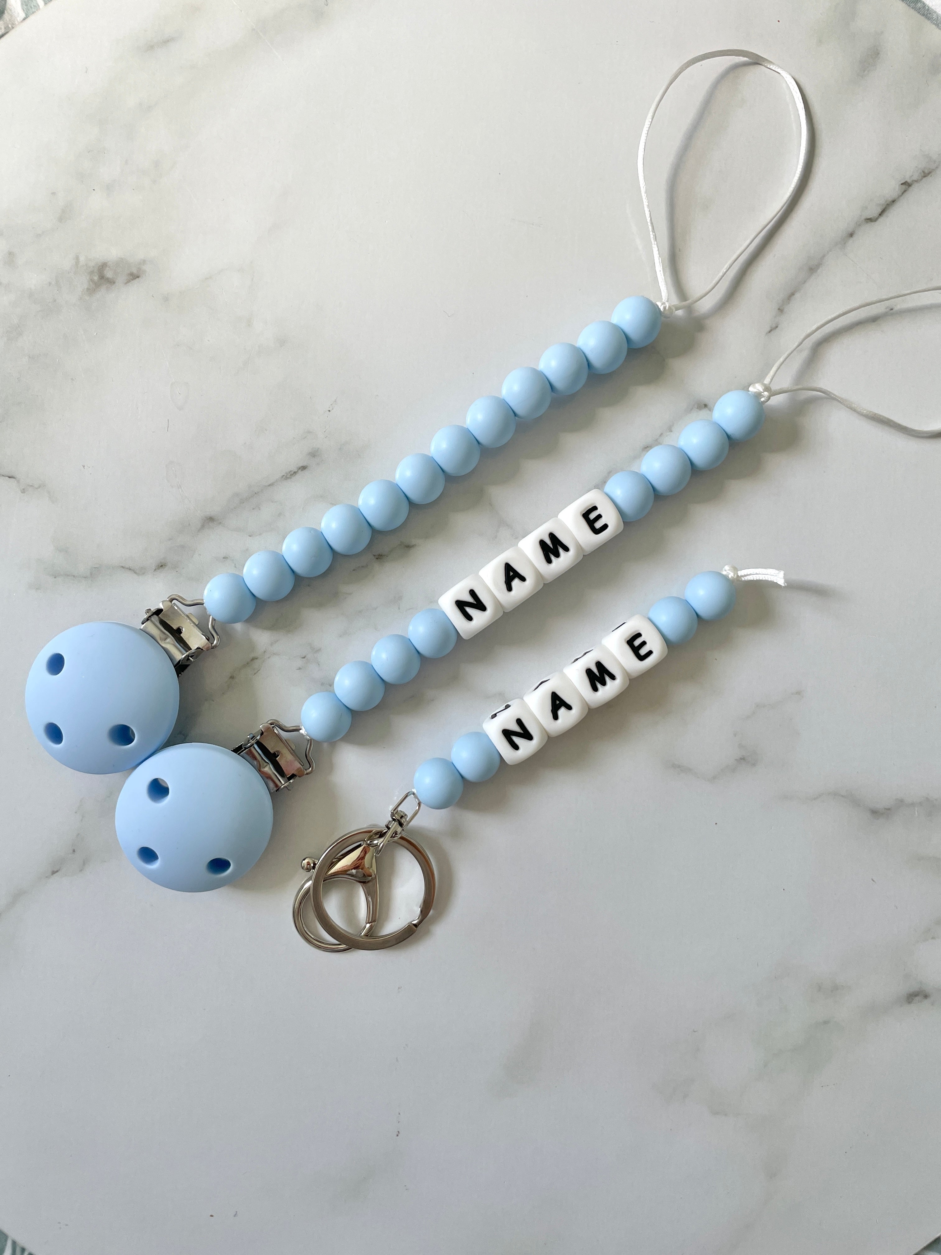 Personalised dummy Chain Dummy Clip Silicone bead keyring set - Baby Blue