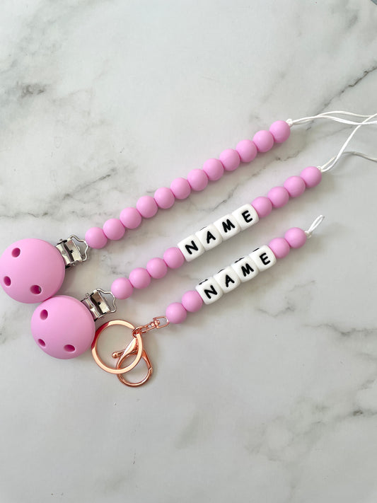 Personalised dummy Chain Dummy Clip Silicone bead keyring set - Magenta.