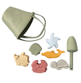 Silicone beach bucket set with spade and sea creature molds in sage rose mustard colours Australia