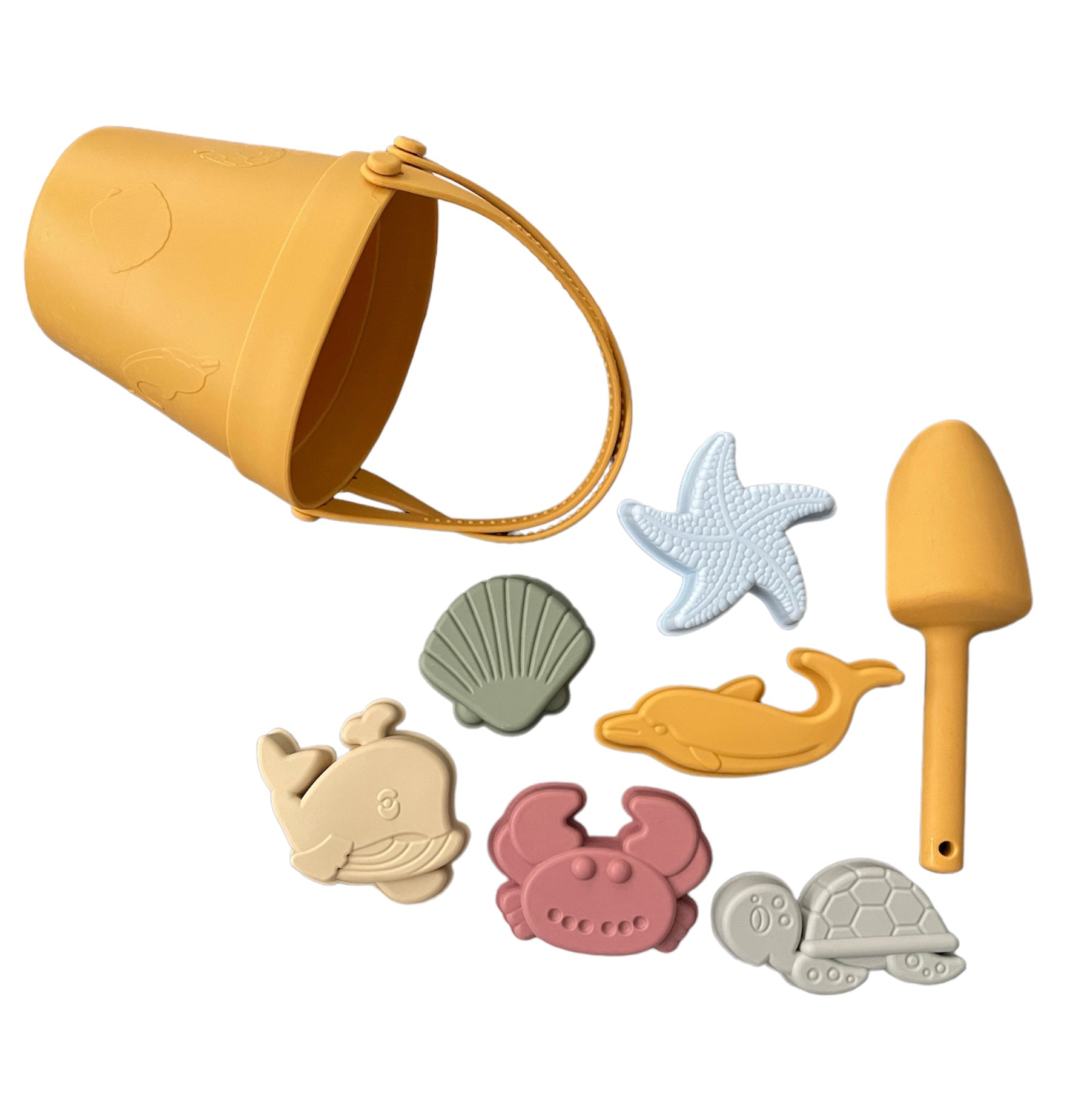 Mustard yellow silicone beach toy set with sea creature molds for kids