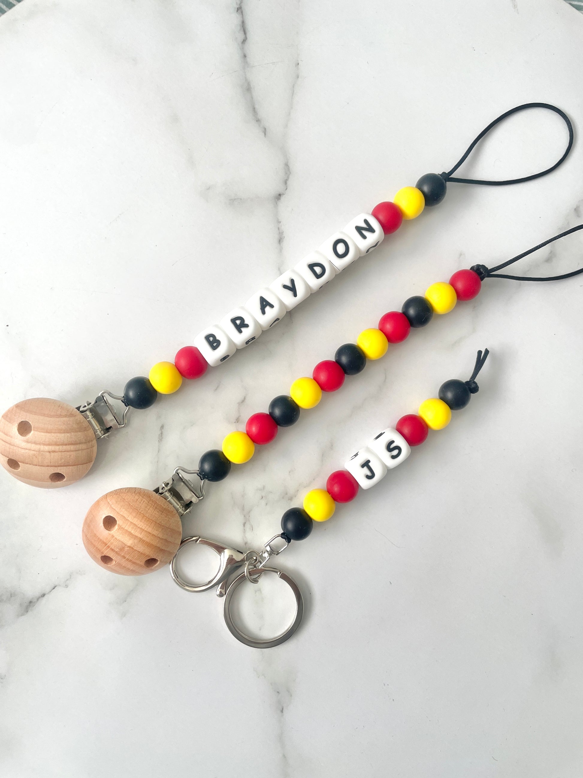 Personalised dummy Chain Dummy Clip Silicone bead keyring set, aboriginal flag colour