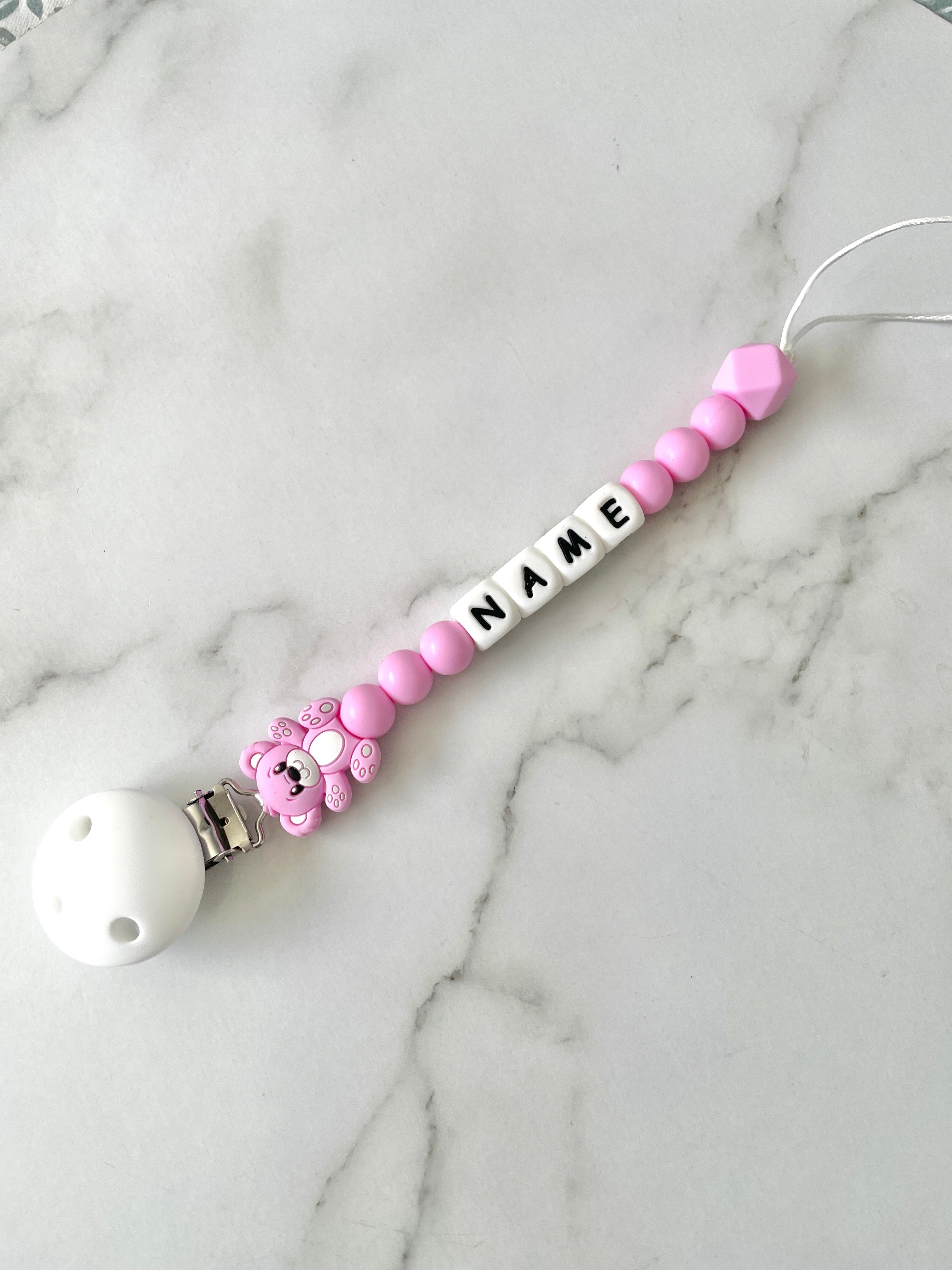 Personalised dummy chain, dummy clip, dummy holder, teddy - Magenta.
