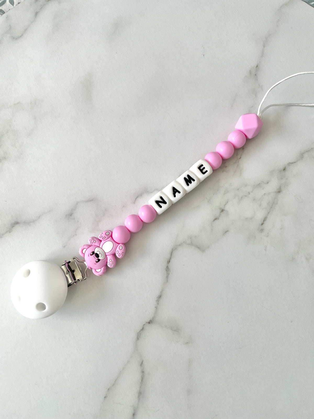 Personalised dummy chain, dummy clip, dummy holder, teddy - Magenta.