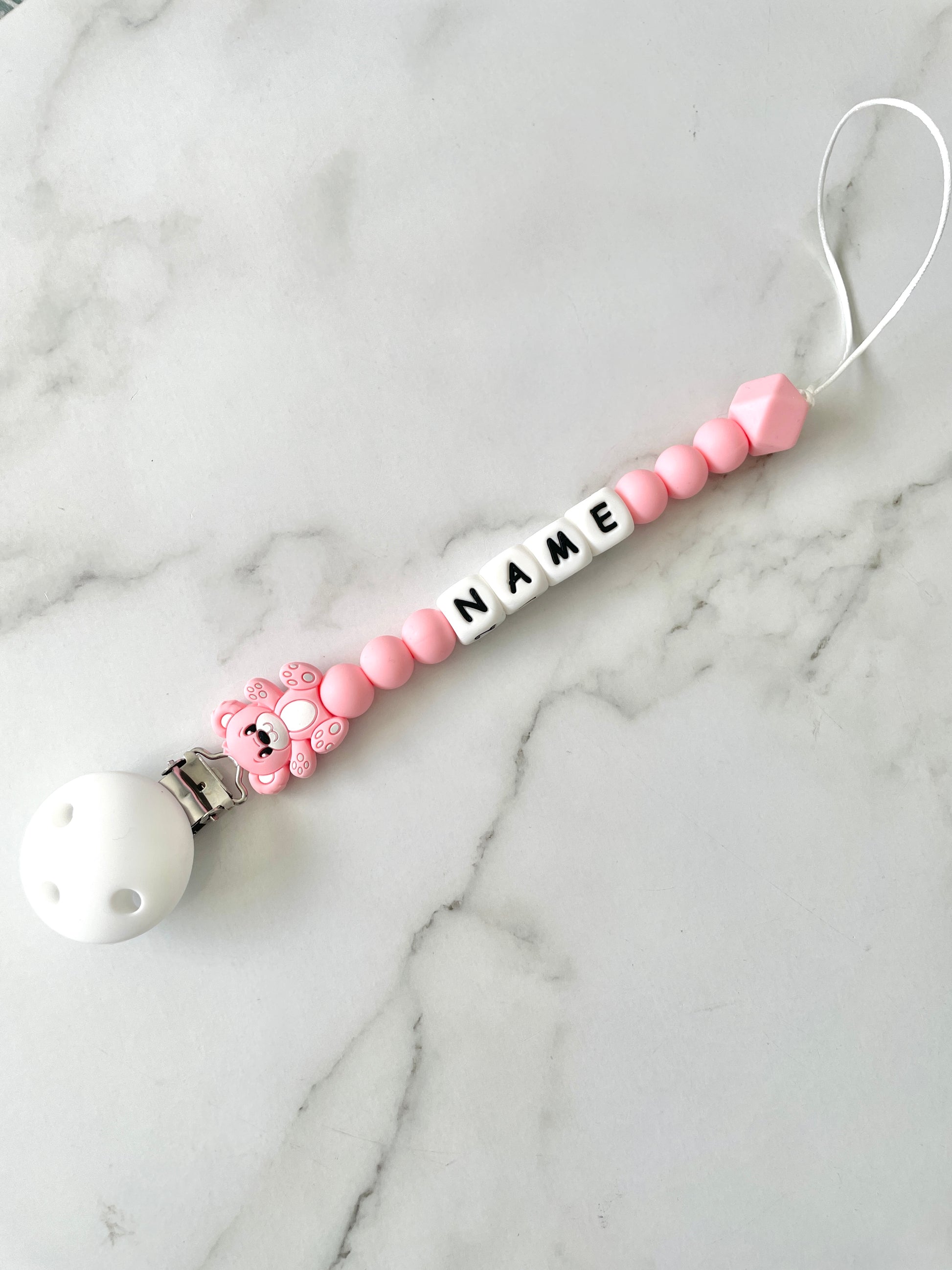 Personalised dummy chain, dummy clip, dummy holder, teddy - candy pink.