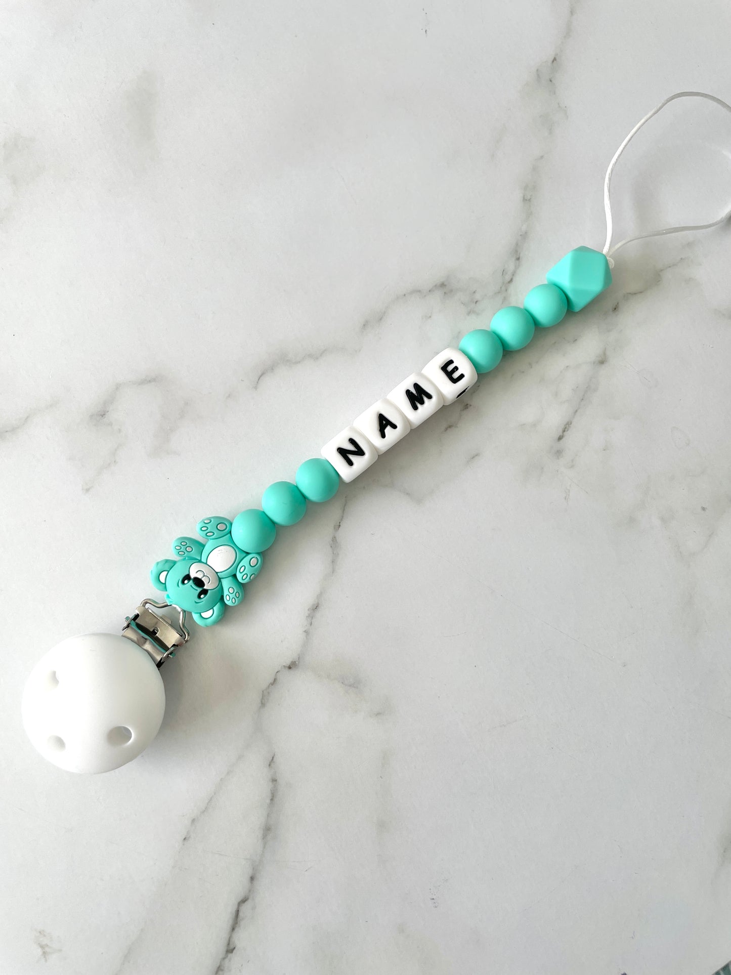 Personalised dummy chain, dummy clip, dummy holder, teddy - turquoise.