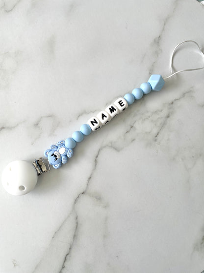 Personalised dummy chain, dummy clip, dummy holder, teddy - baby blue.