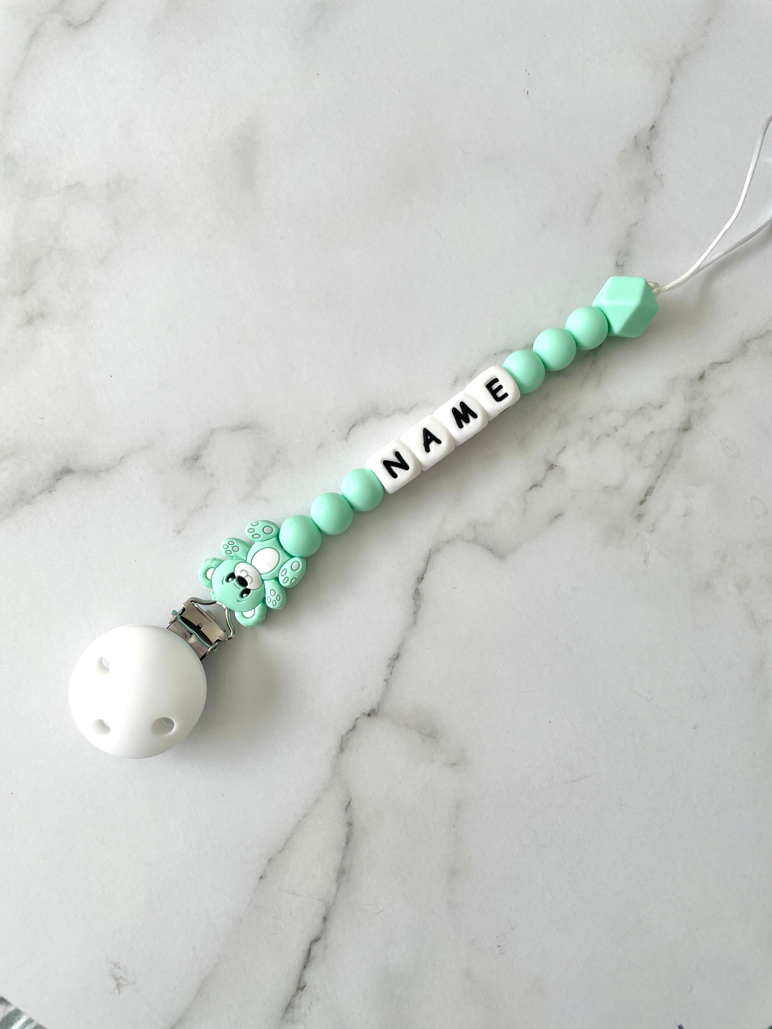 Personalised dummy chain, dummy clip, dummy holder, teddy - mint green.