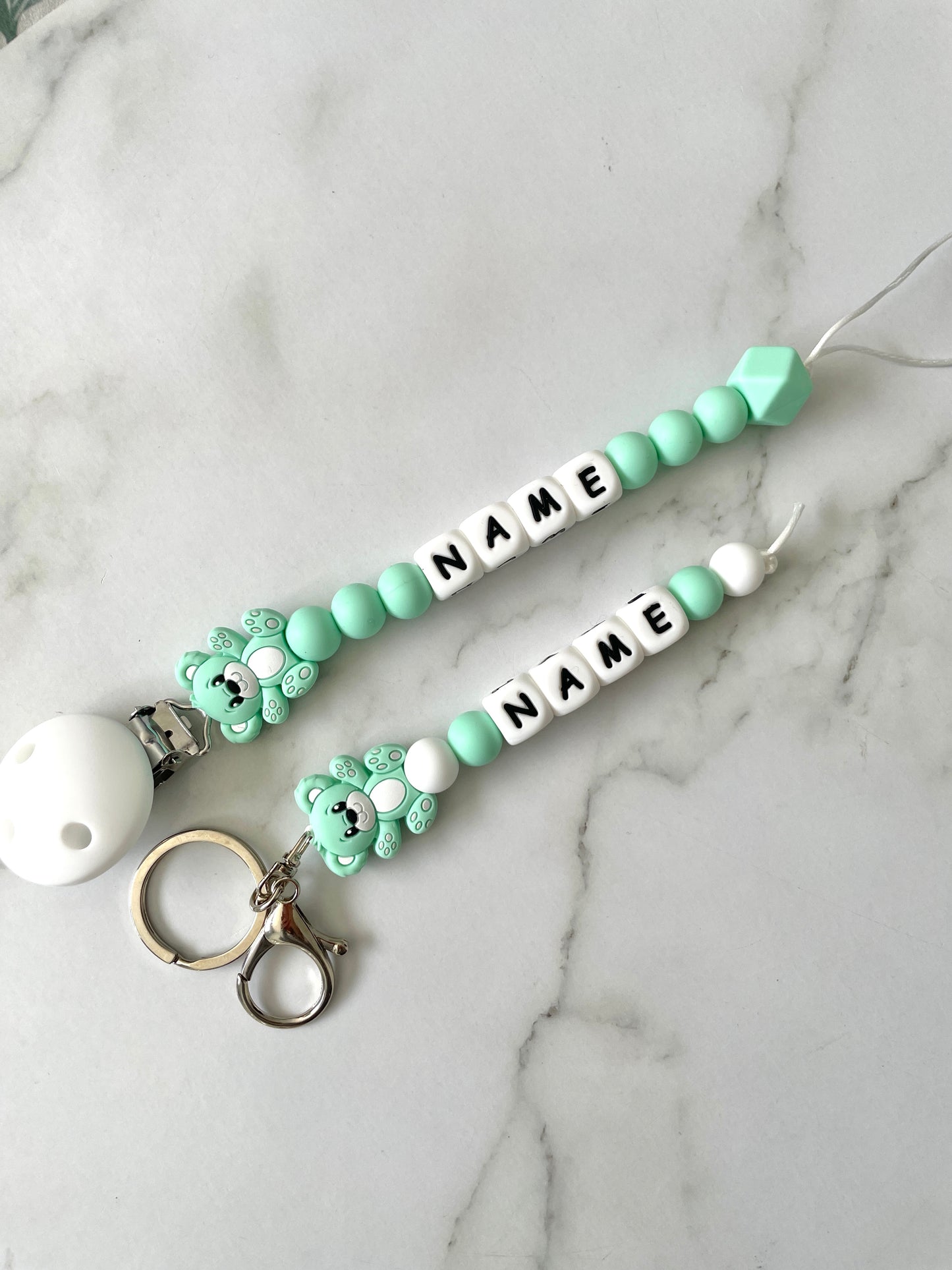 Personalised dummy Chain Dummy Clip Silicone bead keyring set, teddy - mint green.