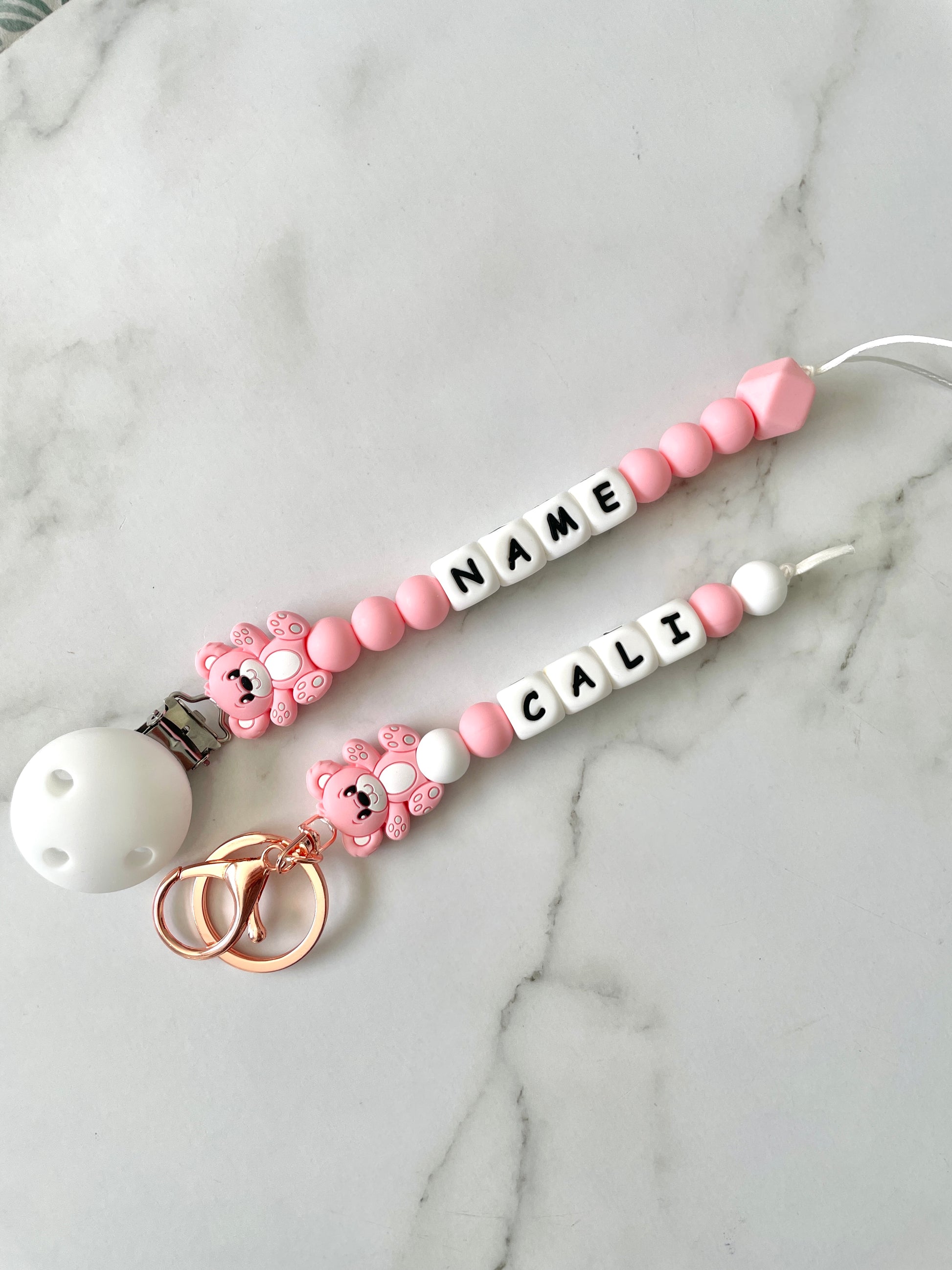 Personalised dummy Chain Dummy Clip Silicone bead keyring set, teddy - candy pink set.