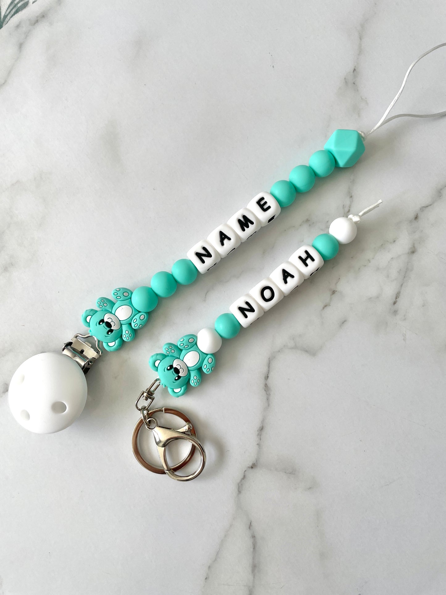 Personalised dummy Chain Dummy Clip Silicone bead keyring set, teddy - turquoise set.