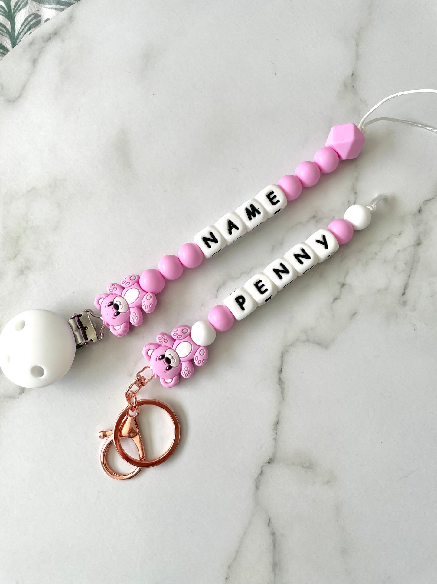 Personalised dummy Chain Dummy Clip Silicone bead keyring set, teddy - magenta set.