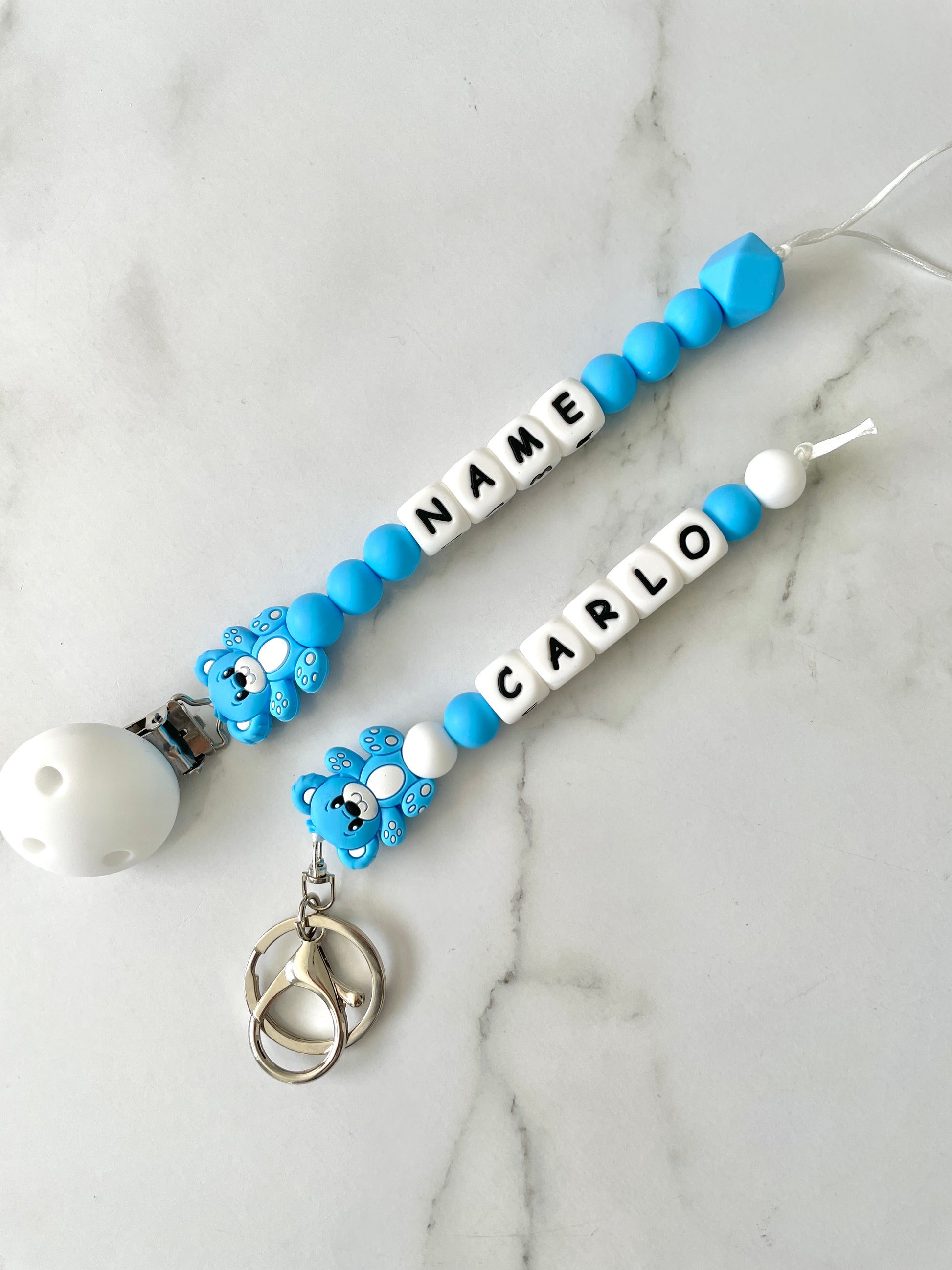 Personalised dummy Chain Dummy Clip Silicone bead keyring set, teddy - sky blue.