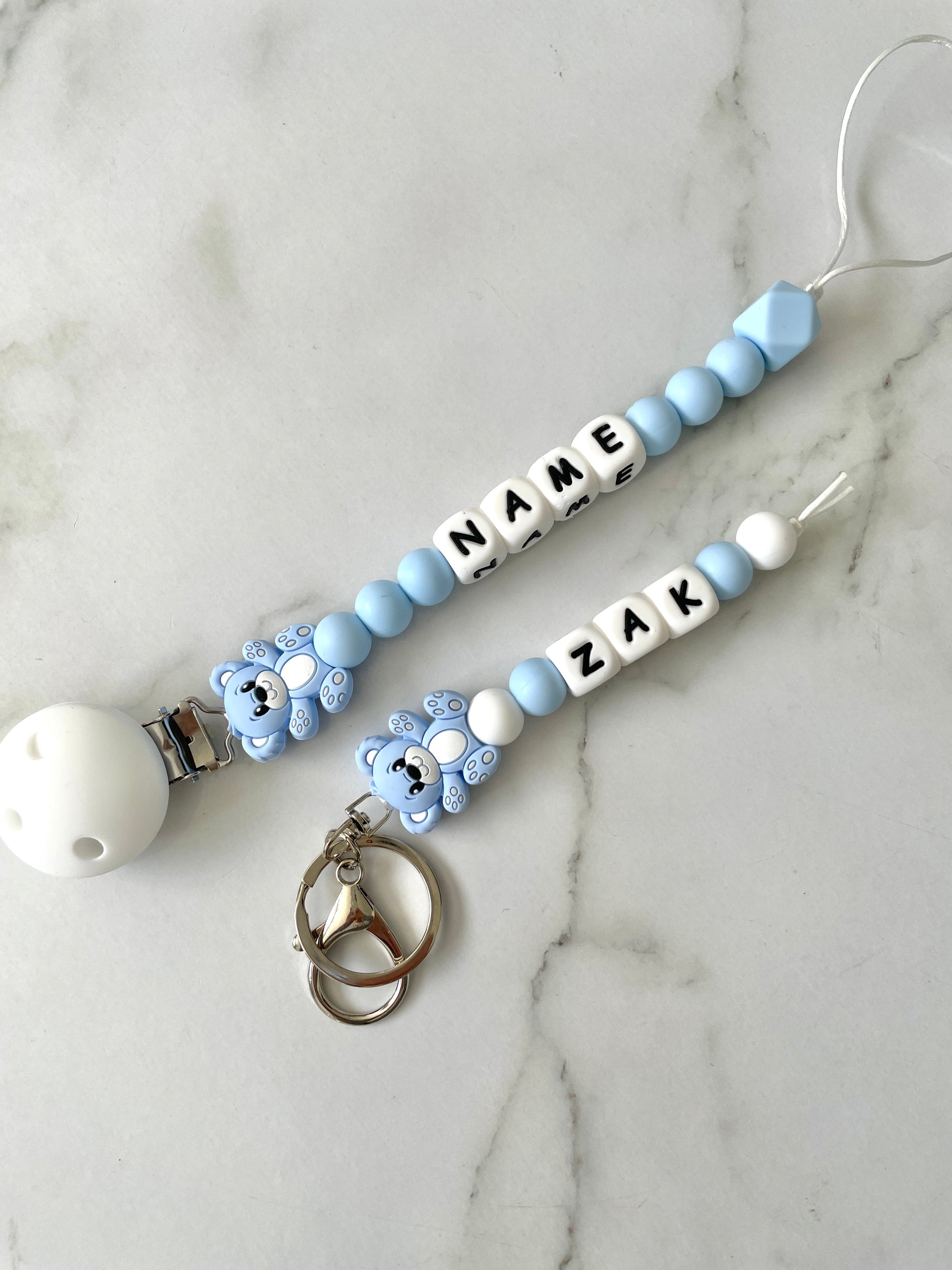 Personalised dummy Chain Dummy Clip Silicone bead keyring set, teddy - baby blue.