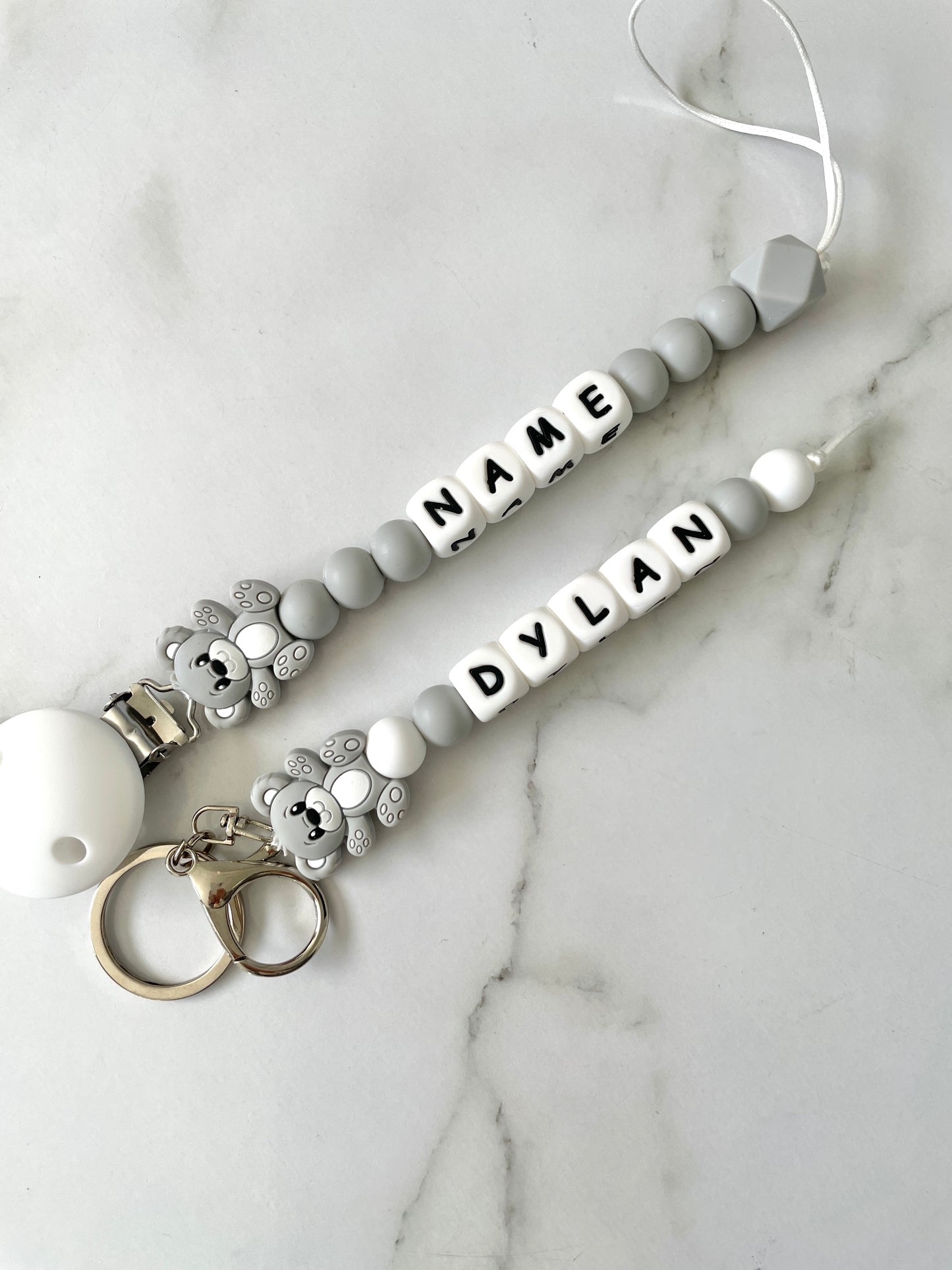 Personalised dummy Chain Dummy Clip Silicone bead keyring set, teddy - grey.