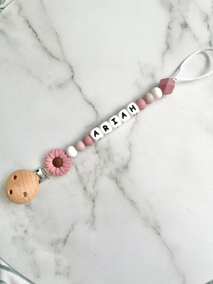 Personalised dummy chain, dummy clip, dummy holder, blush daisy, Ariah design.