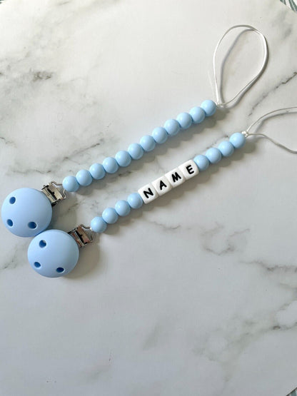 Personalised dummy Chain, silicone bead Dummy Clip ,Dummy holder, twin pack - Baby blue